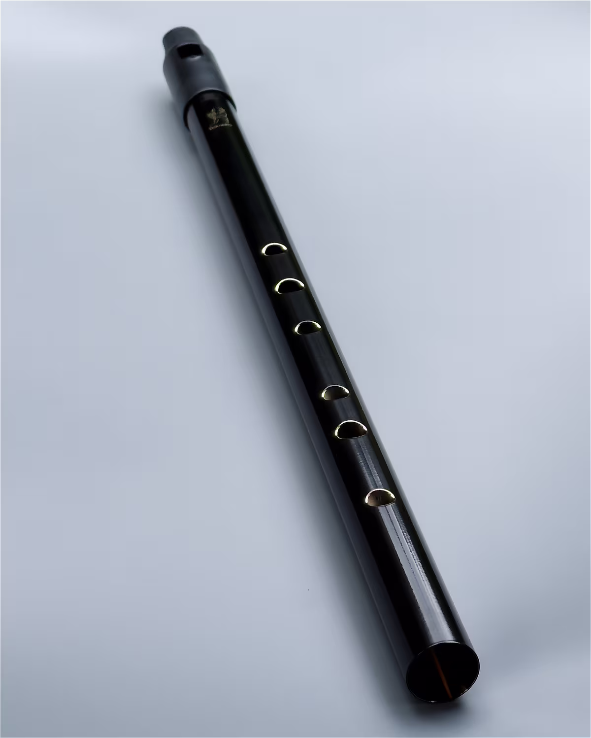Howard Classic Low D whistle in Black Silk finish showing the precision-machined finger holes and polished Black Silk finish.